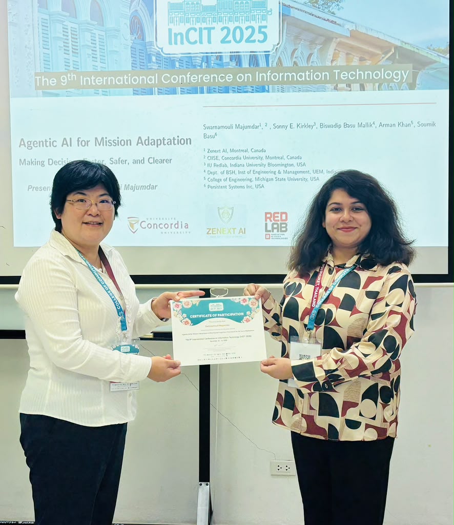 Swarnamouli Majumdar receiving a presentation certificate in front of the Agentic AI for Mission Adaptation research title at IncIT 2025.